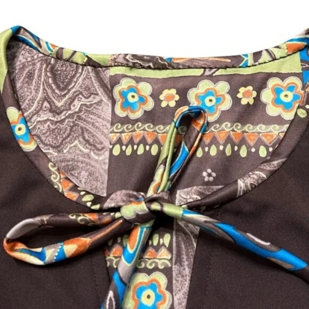 Patchwork Print Tunic Top Blouse Brown Blue Green Long Sleeve Bohemian Style - Picture 4 of 5